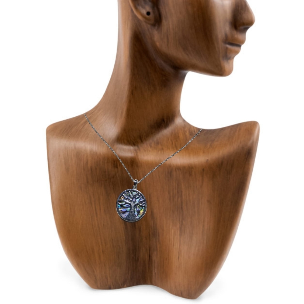Tree of Life Natural Abalone Shell Round Pendant Necklace